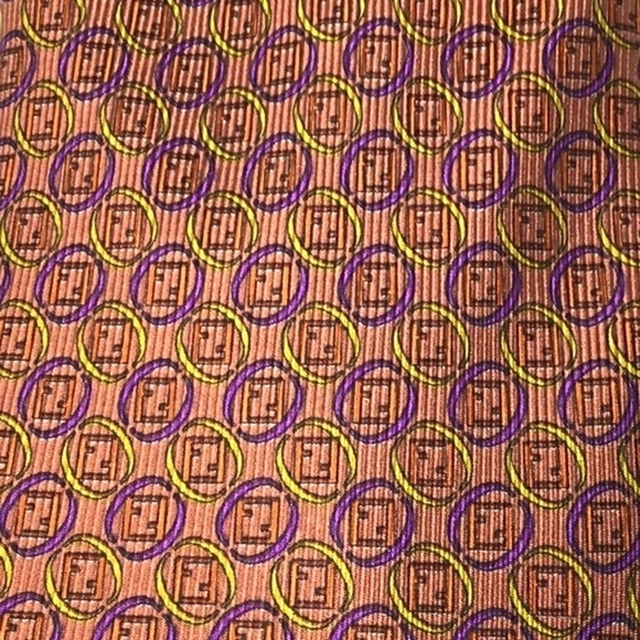 FENDI VINTAGE Copper With Gold and Purple Rings around Logo Print Silk Tie - Picture 4 of 15